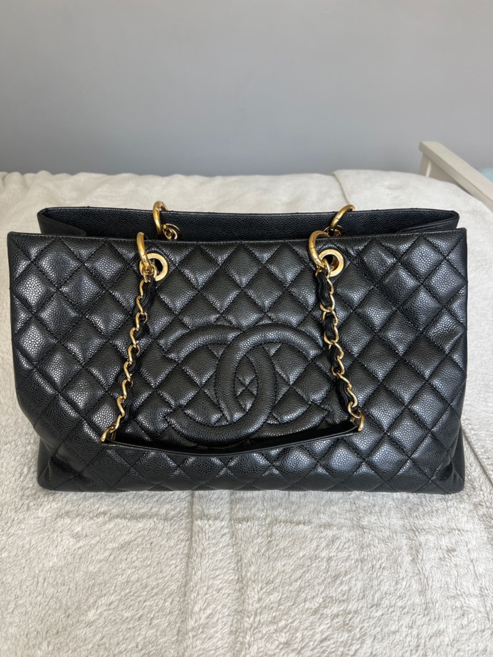 CHANEL Black Quilted Caviar Leather Large Double Chain Tote